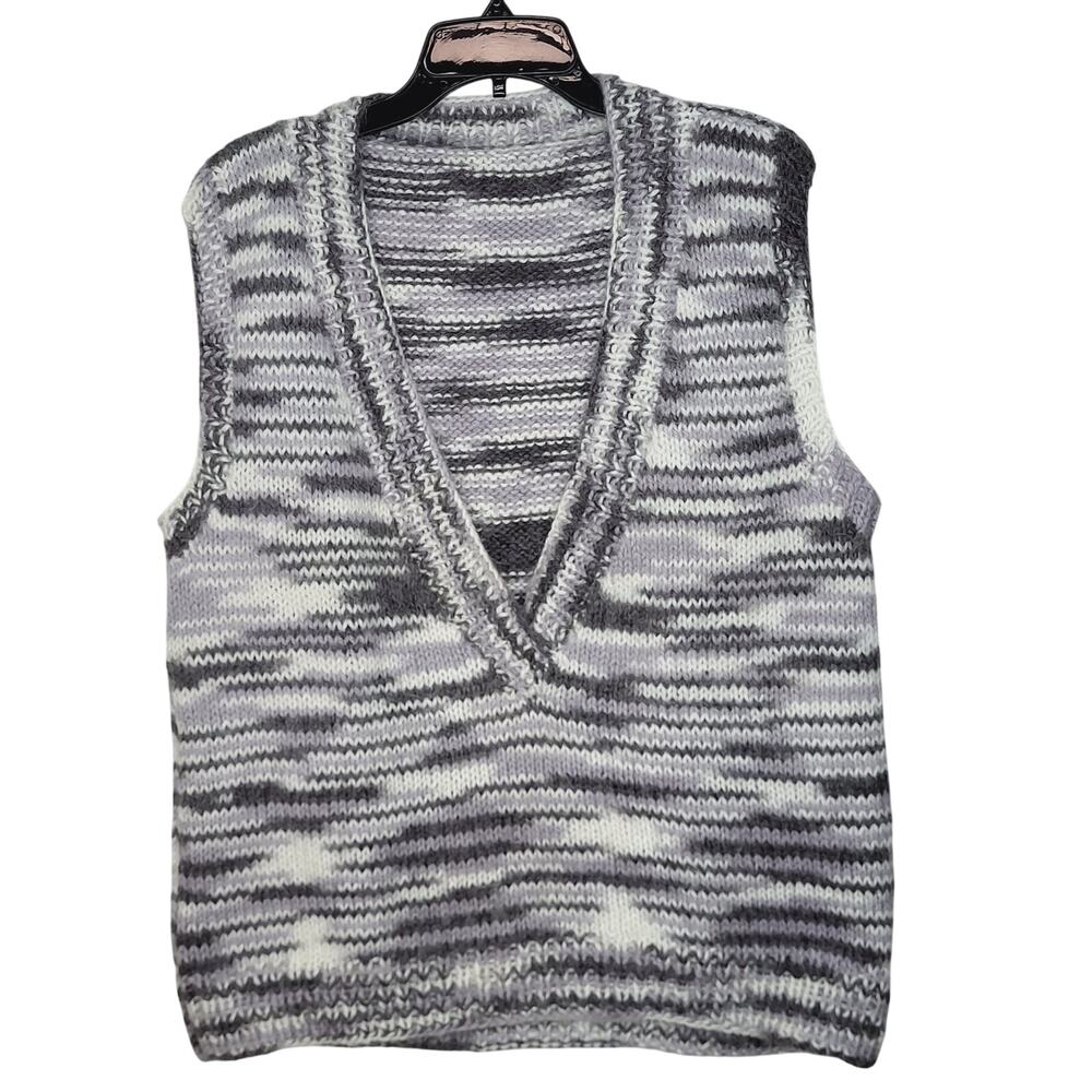 Handknit Fuzzy Deep V-Neck Gray and Lavender Sweater Vest Women's Size XL
